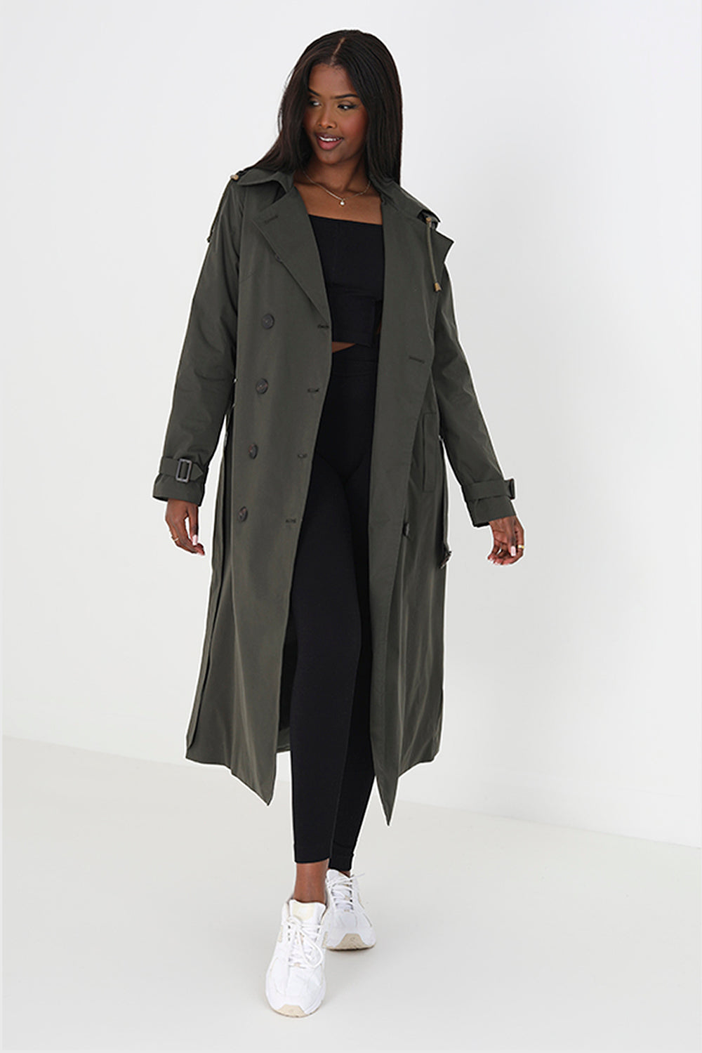 Brave Soul Khaki Double-Breasted Longline Trench Coat with Detachable Hood - Khaki Image 1