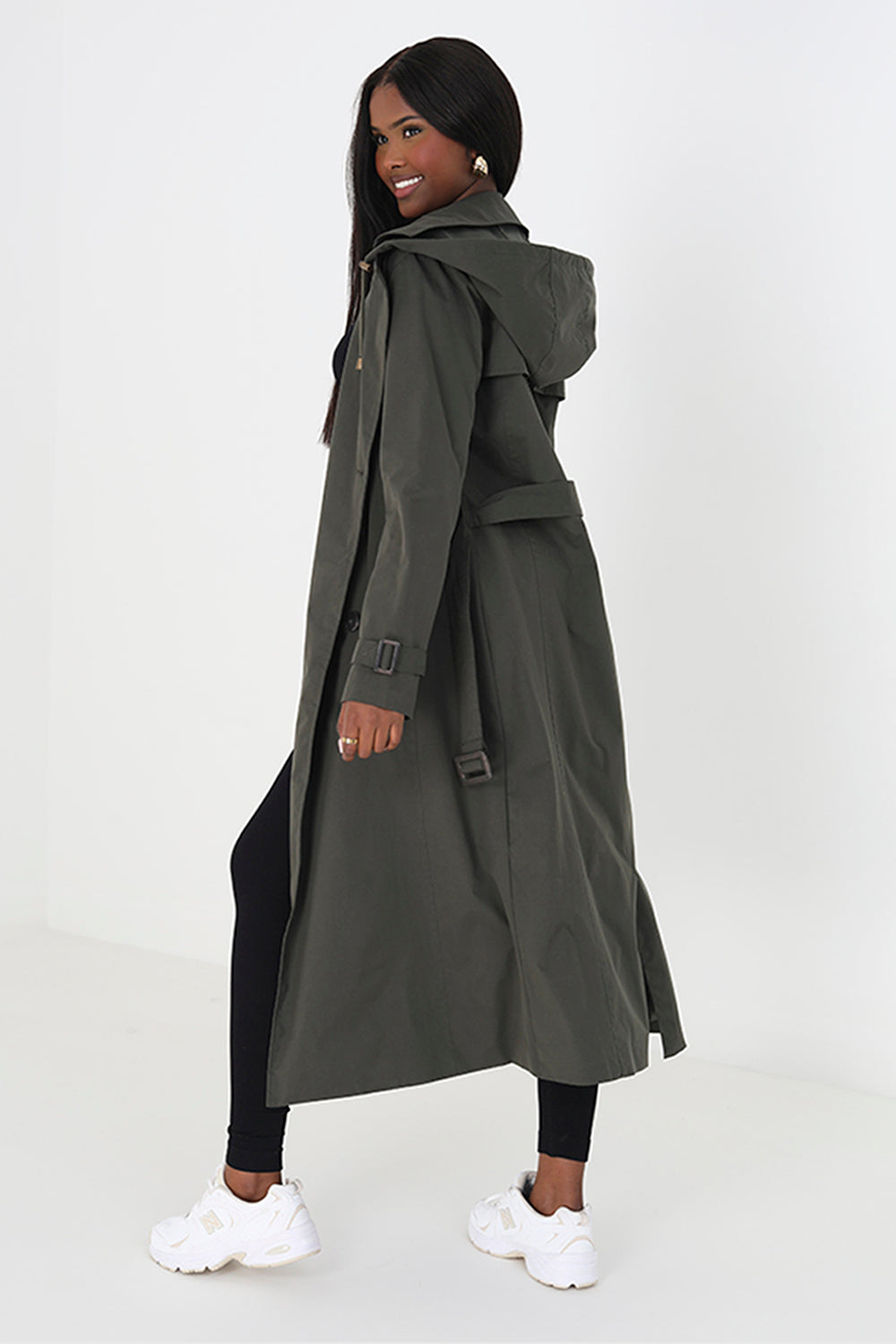 Brave Soul Khaki Double-Breasted Longline Trench Coat with Detachable Hood - Khaki Image 2