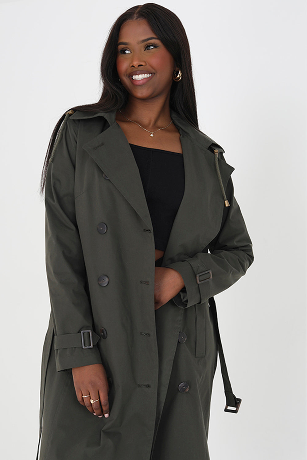 Brave Soul Khaki Double-Breasted Longline Trench Coat with Detachable Hood - Khaki Image 3