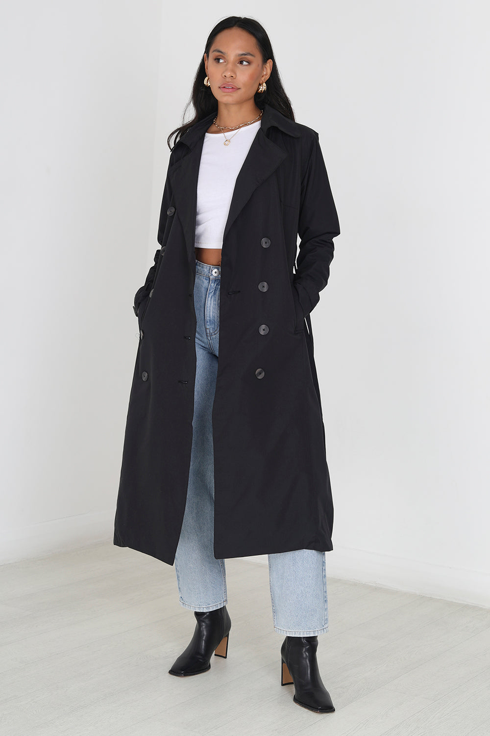 Brave Soul Black Double-Breasted Longline Trench Coat  - Black Image 1