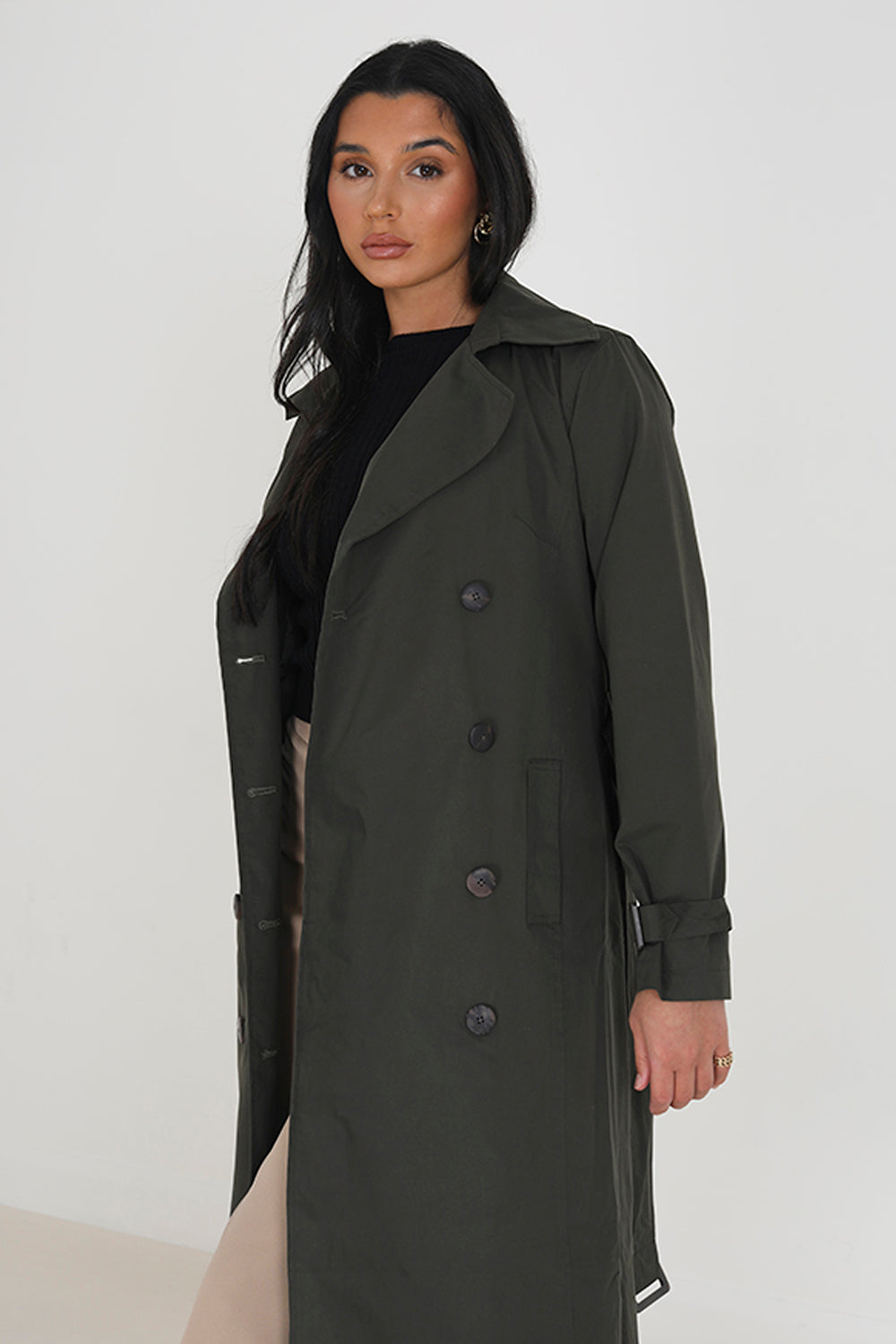 Brave Soul Khaki Double-Breasted Longline Trench Coat  - Khaki Image 3