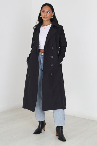 Brave Soul Black Double-Breasted Longline Trench Coat  - Black Image 1