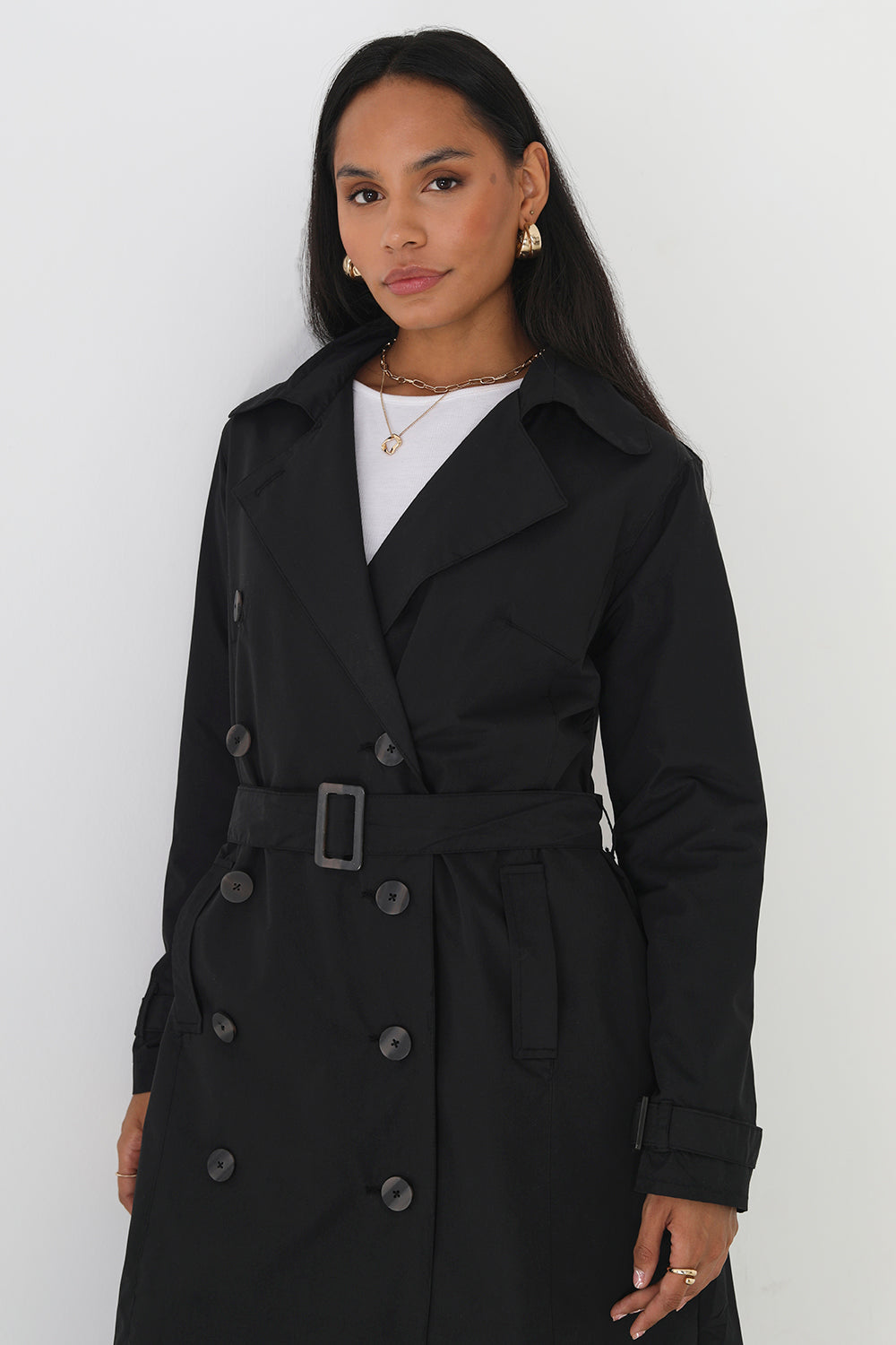 Brave Soul Black Double-Breasted Longline Trench Coat  - Black Image 2