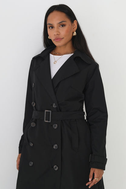 Brave Soul Black Double-Breasted Longline Trench Coat  - Black Image 2