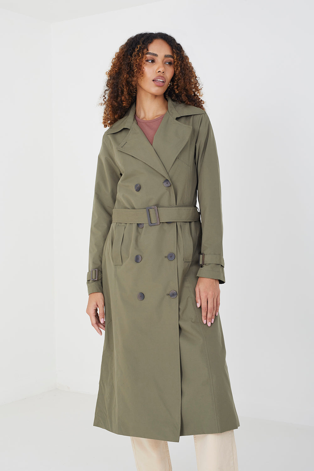 Brave Soul Light Khaki Double-Breasted Longline Trench Coat  - Light Khaki Image 1