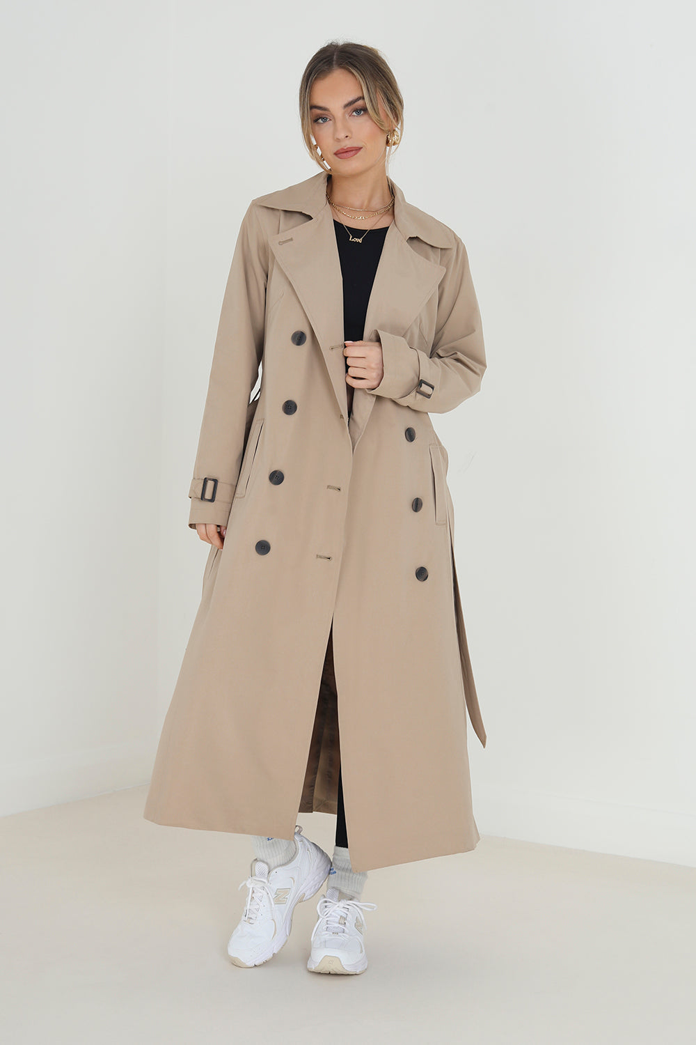 Brave Soul Stone Double-Breasted Longline Trench Coat  - Stone Image 1