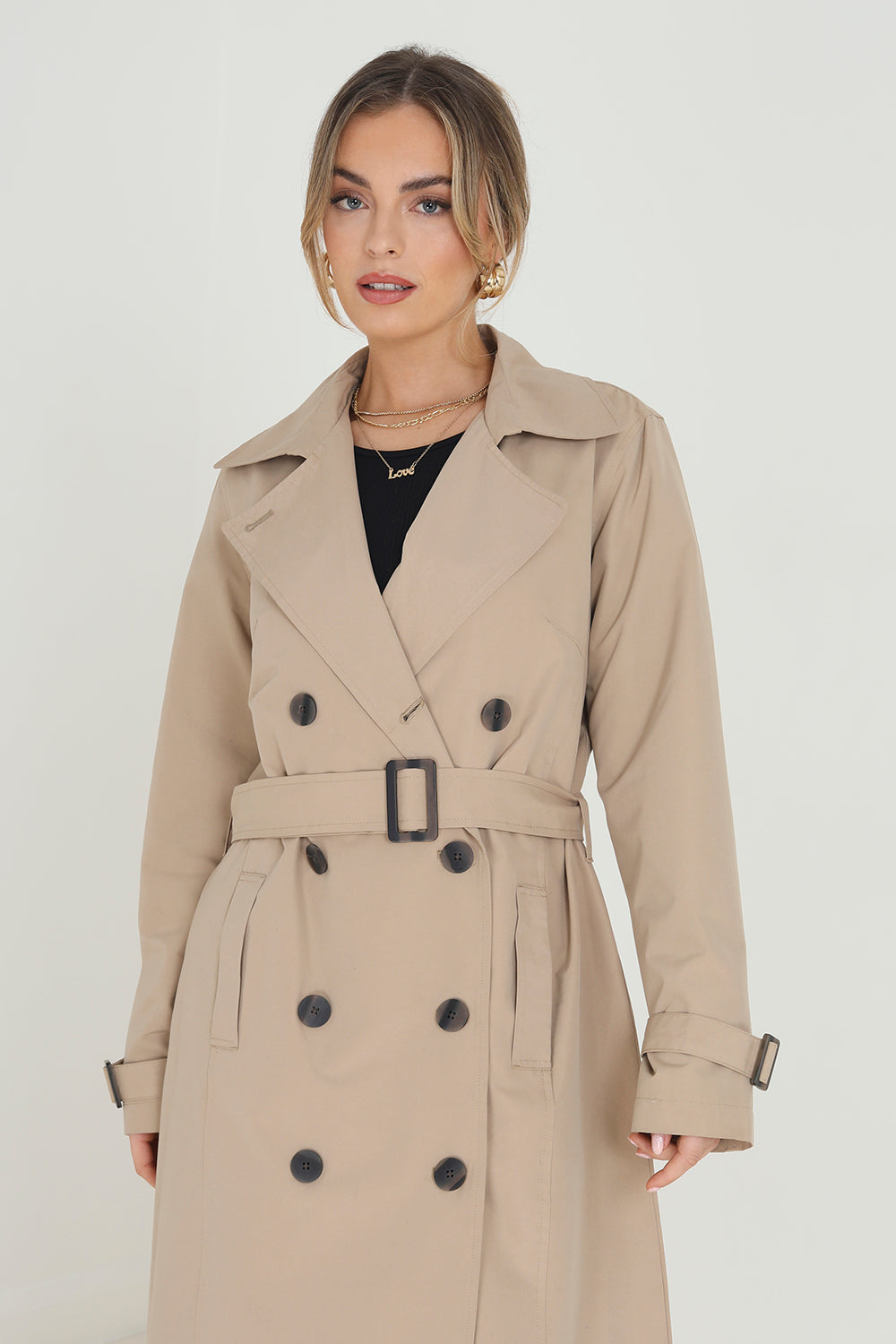 Brave Soul Stone Double-Breasted Longline Trench Coat  - Stone Image 3