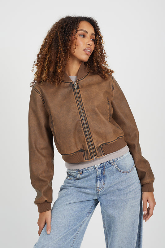 Brave Soul Brown Vintage PU Cropped Bomber Jacket - Brown Image 1