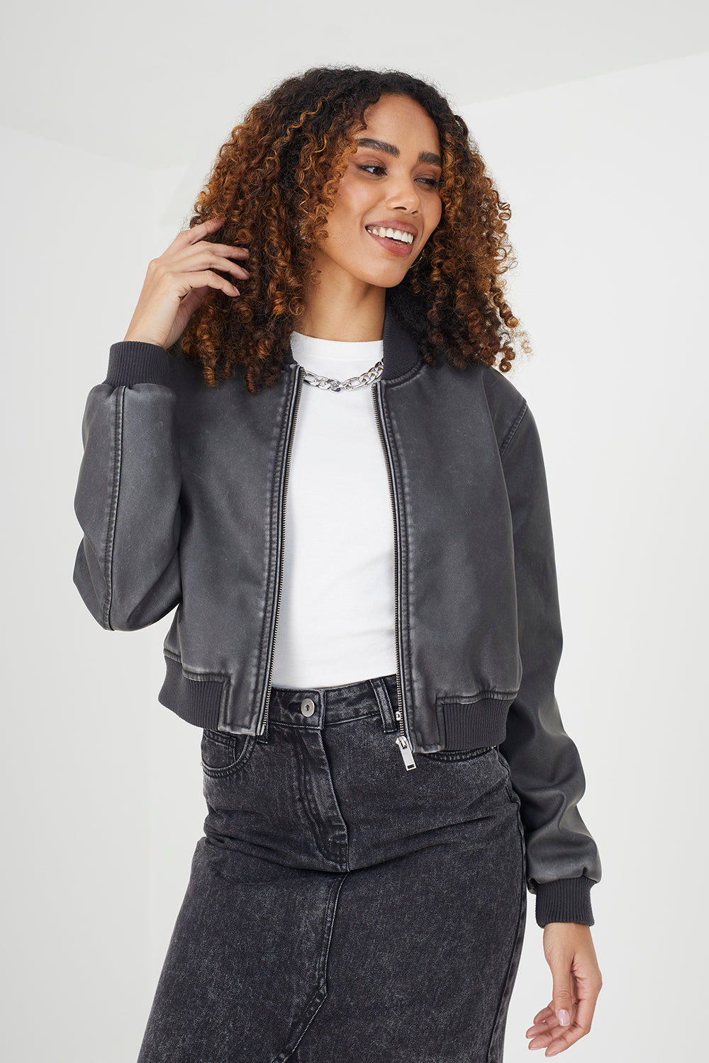 Brave Soul Black Vintage PU Cropped Bomber Jacket - Black Image 1