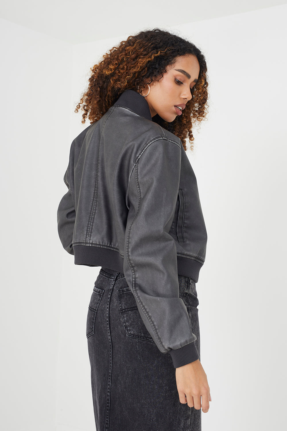 Brave Soul Black Vintage PU Cropped Bomber Jacket - Black Image 2
