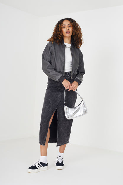 Brave Soul Black Vintage PU Cropped Bomber Jacket - Black Image 3