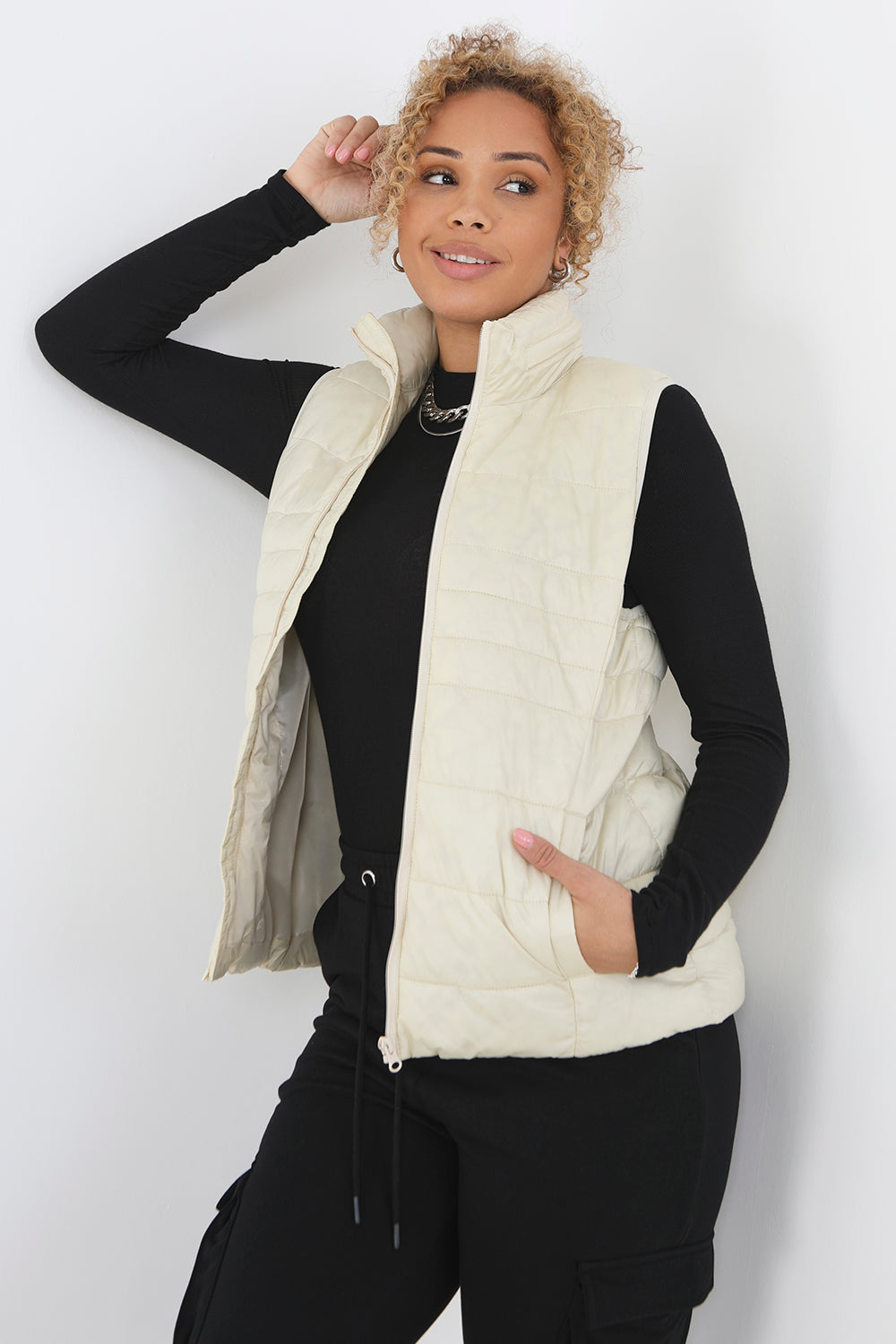 Brave Soul Cream Funnel Neck High Shine Gilet - Cream Image 1
