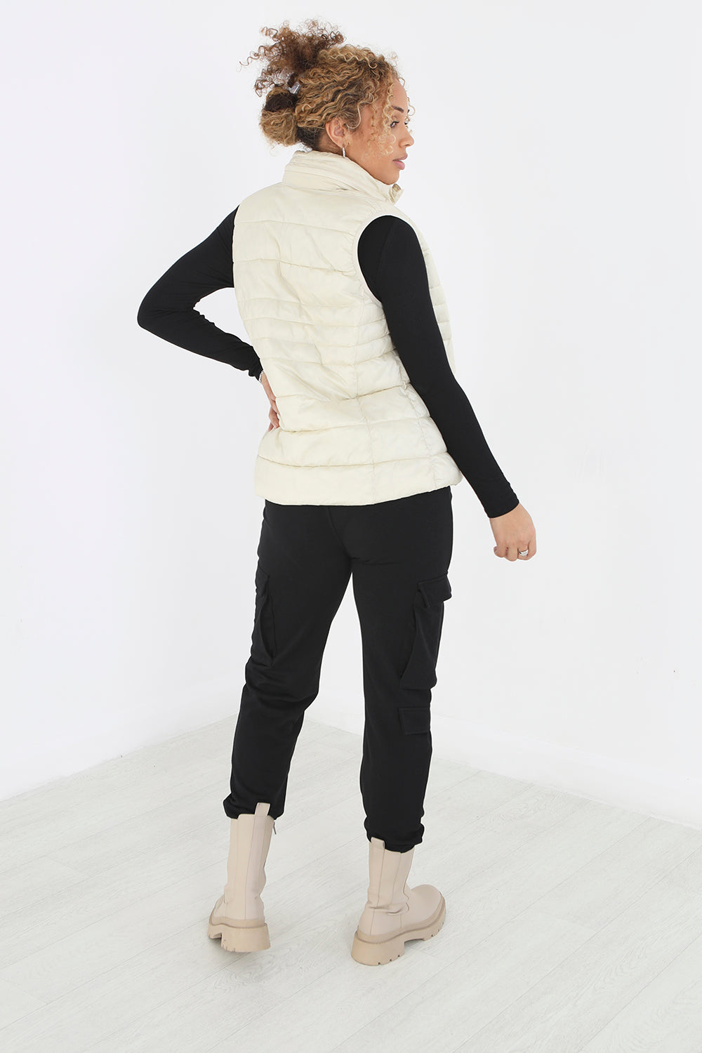 Brave Soul Cream Funnel Neck High Shine Gilet - Cream Image 2