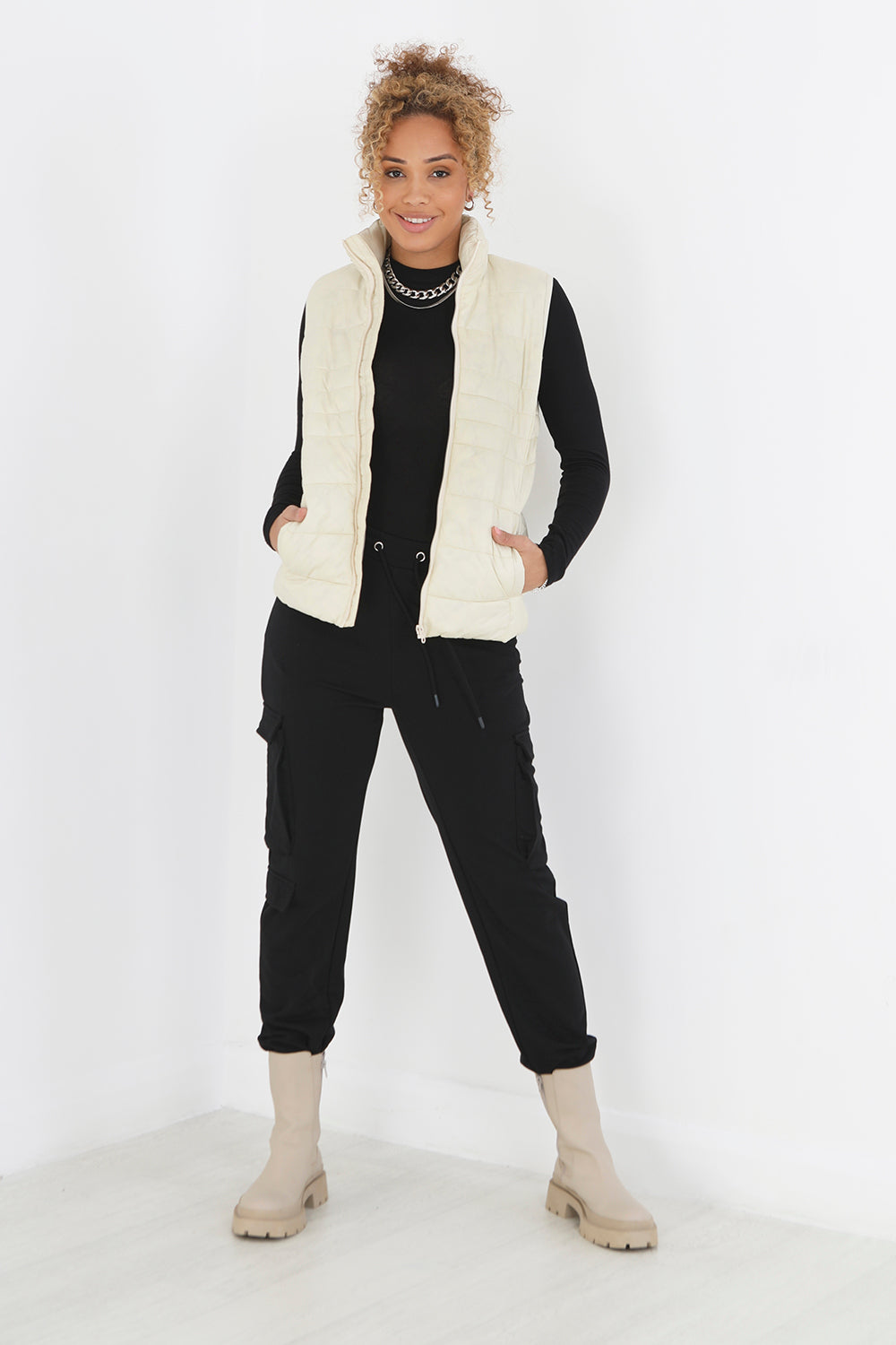 Brave Soul Cream Funnel Neck High Shine Gilet - Cream Image 3