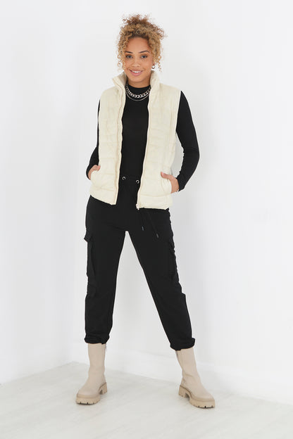 Brave Soul Cream Funnel Neck High Shine Gilet - Cream Image 3
