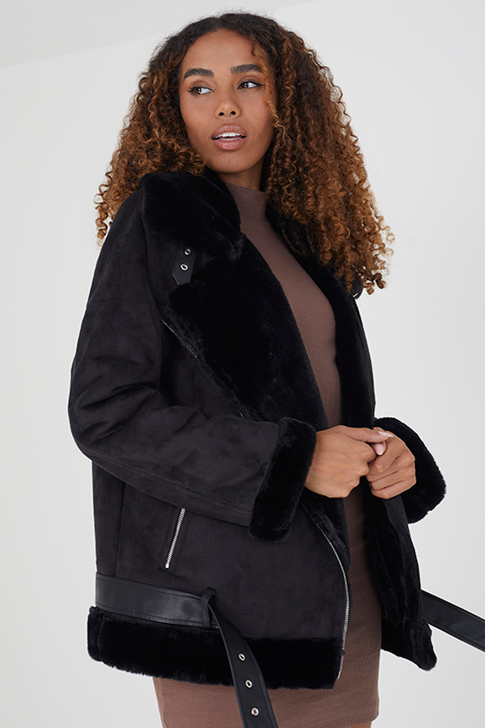 Brave Soul Black Faux Suede Bonded Biker Jacket - Black Image 1