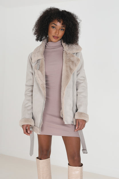 Brave Soul Cream Faux Suede Bonded Biker Jacket - Cream Image 1