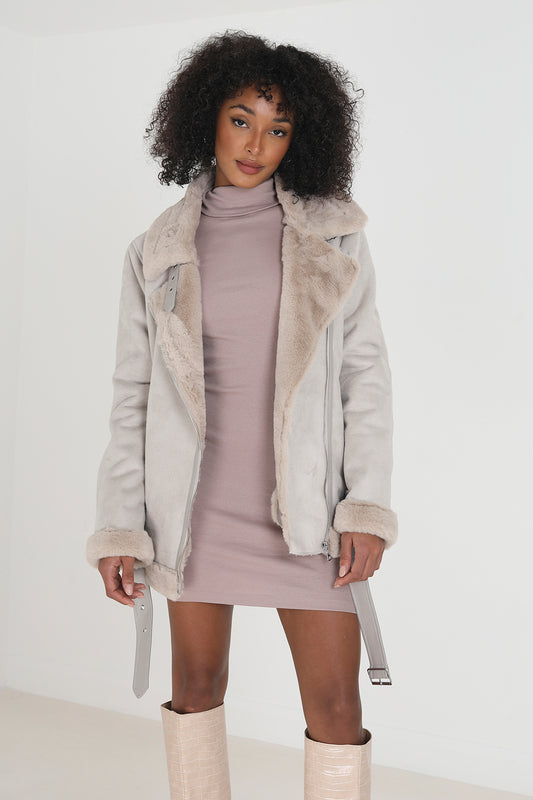 Brave Soul Cream Faux Suede Bonded Biker Jacket - Cream Image 1