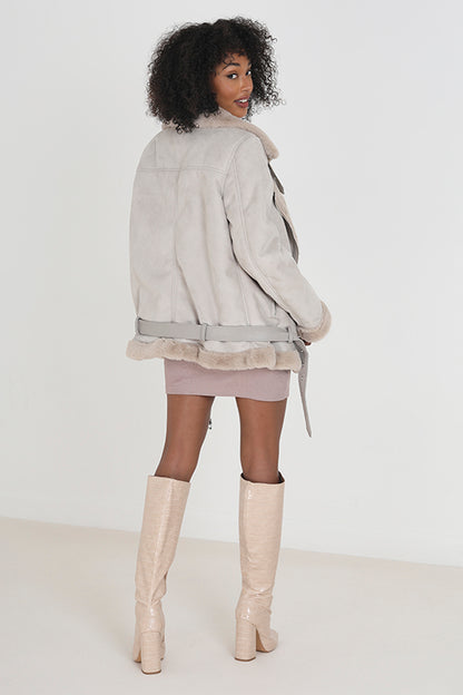 Brave Soul Cream Faux Suede Bonded Biker Jacket - Cream Image 2