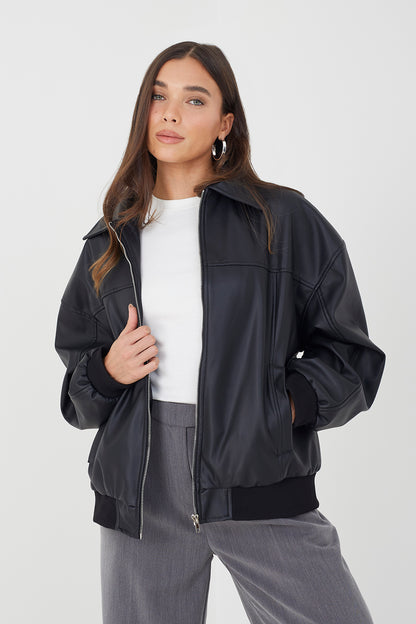 Brave Soul Black Zip Through PU Jacket - Black Image 1