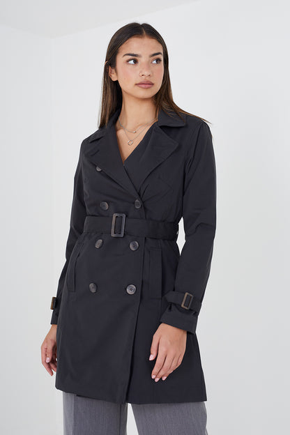 Brave Soul Black Double Breasted Short Trench Coat - Black Image 1