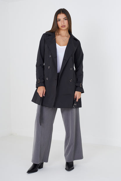 Brave Soul Black Double Breasted Short Trench Coat - Black Image 3