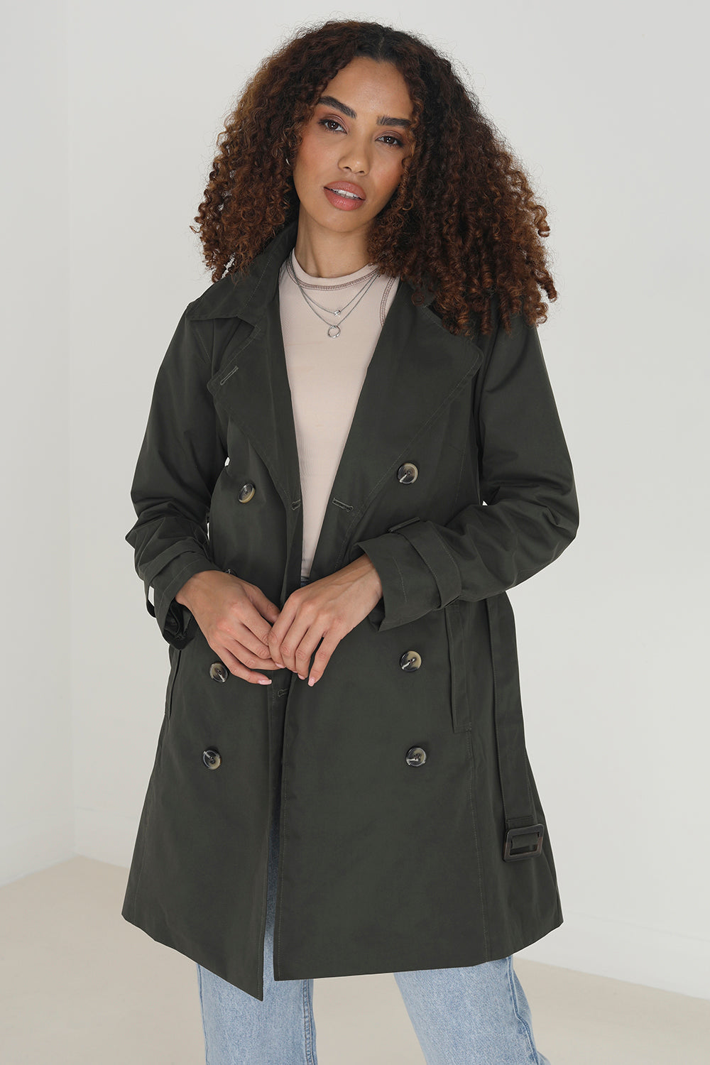 Brave Soul Khaki Double Breasted Short Trench Coat - Khaki Image 1