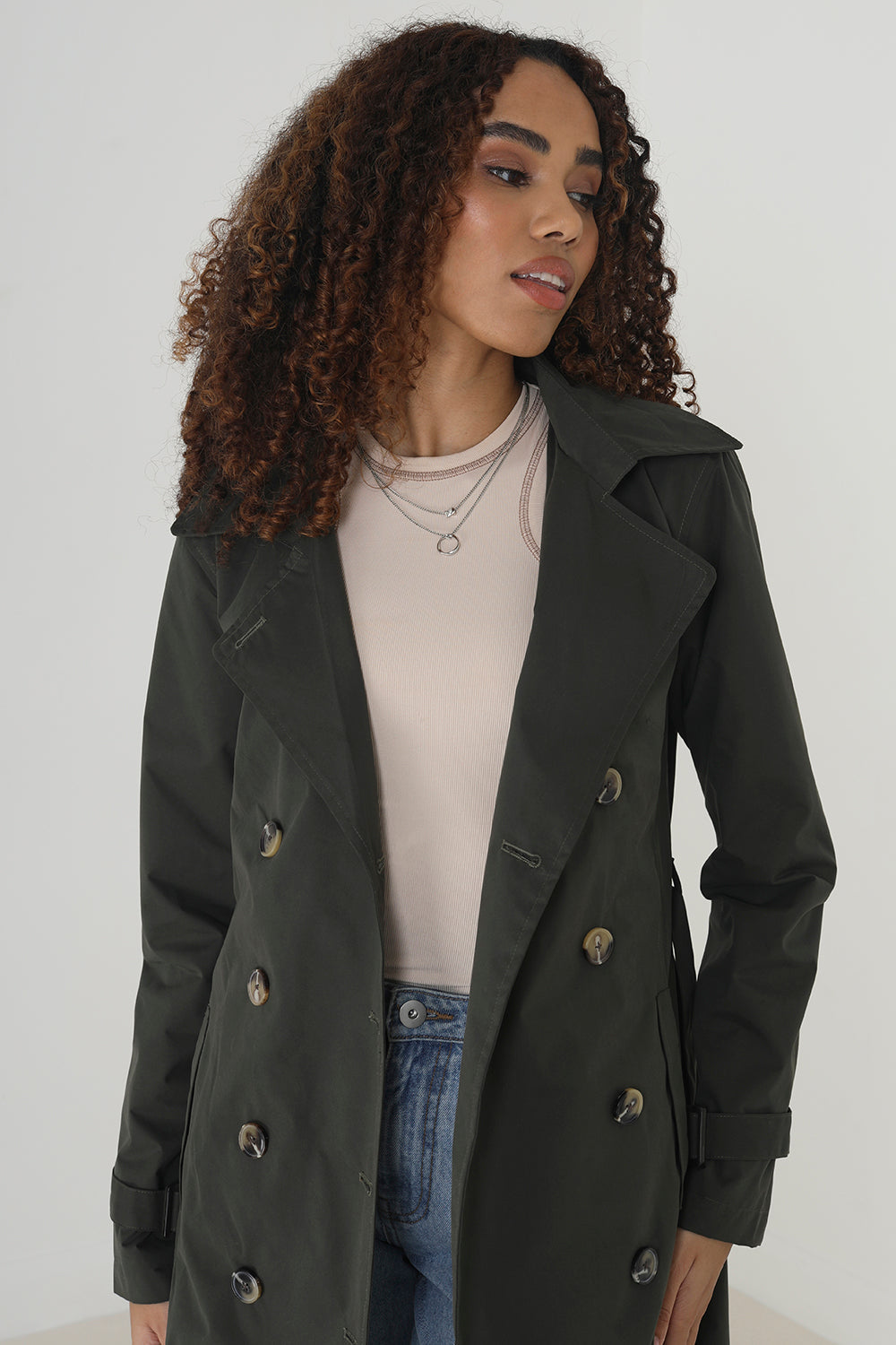 Brave Soul Khaki Double Breasted Short Trench Coat - Khaki Image 3