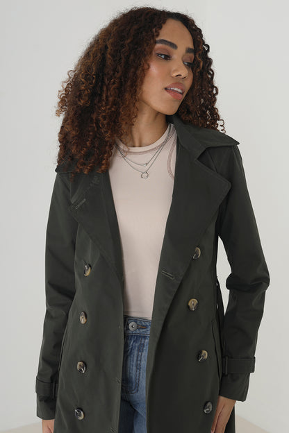 Brave Soul Khaki Double Breasted Short Trench Coat - Khaki Image 3