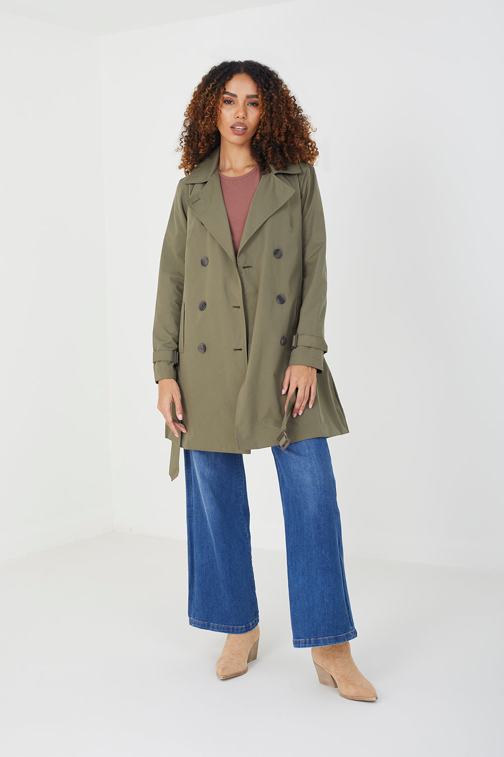 Brave Soul Light Khaki Double Breasted Short Trench Coat - Light Khaki Image 3