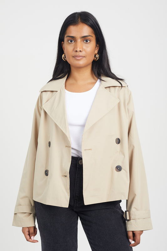 Brave Soul Stone Double Breasted Short Trench Coat - Stone Image 1