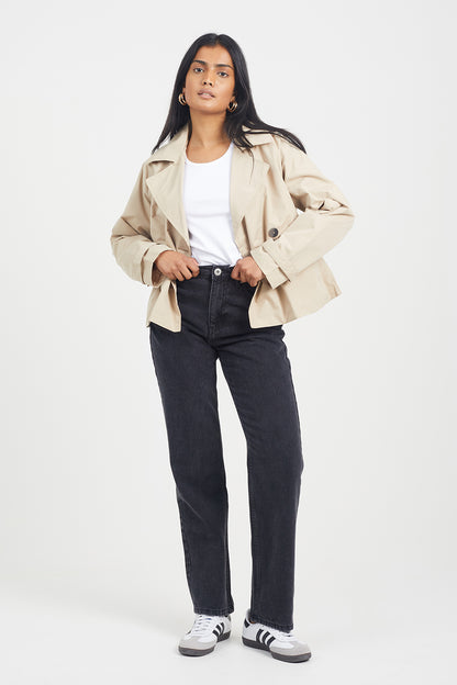 Brave Soul Stone Double Breasted Short Trench Coat - Stone Image 3
