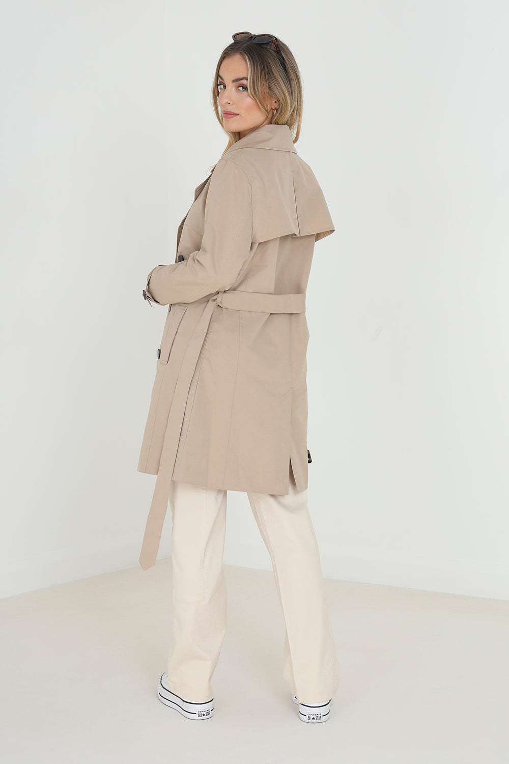 Brave Soul Stone Double Breasted Short Trench Coat - Stone Image 2