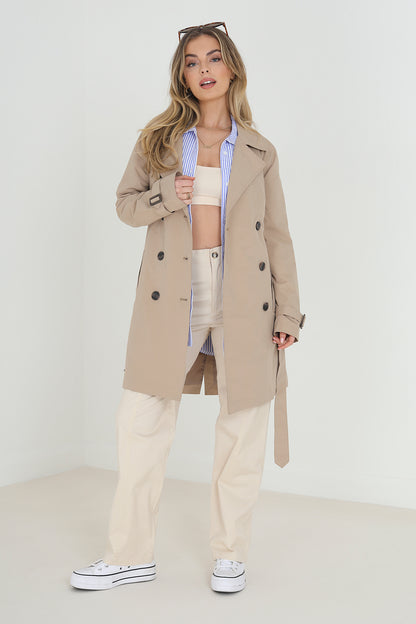 Brave Soul Stone Double Breasted Short Trench Coat - Stone Image 3