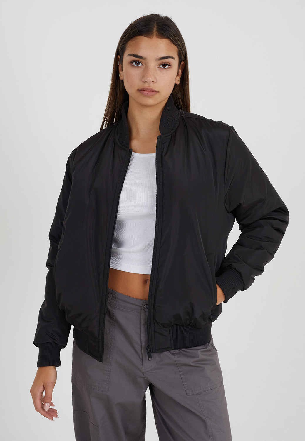 Brave Soul Black Ruched Sleeve Oversized Bomber Jacket - Black Image 1