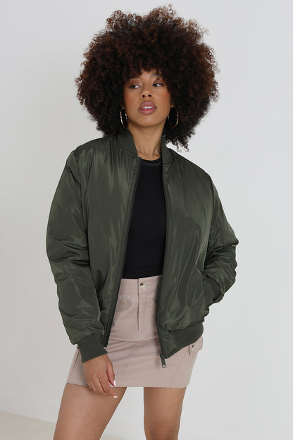 Brave Soul Khaki Ruched Sleeve Oversized Bomber Jacket - Khaki Image 1