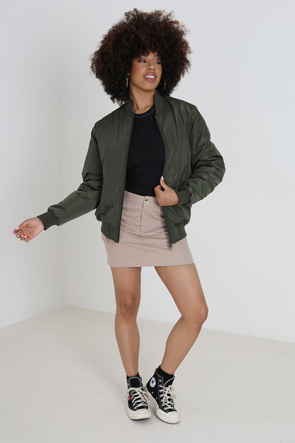 Brave Soul Khaki Ruched Sleeve Oversized Bomber Jacket - Khaki Image 3