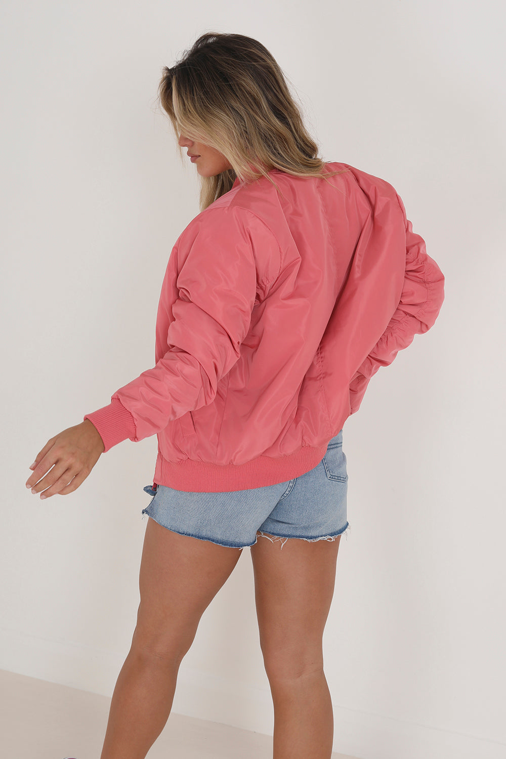 Brave Soul Pink Ruched Sleeve Oversized Bomber Jacket - Pink Image 2