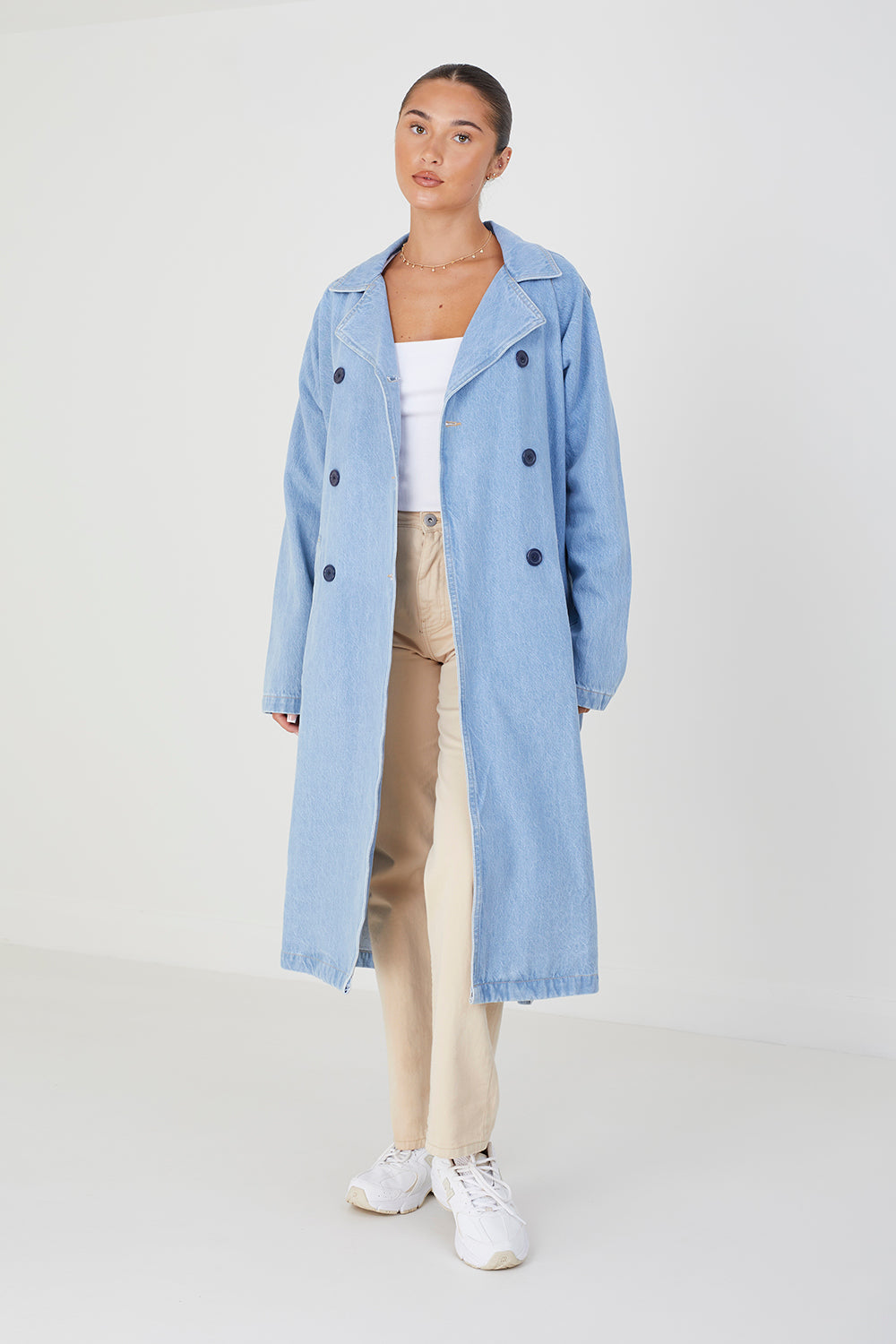 Brave Soul Off White Double-Breasted Longline Trench Coat with Raglan Sleeves - Off White Image 1