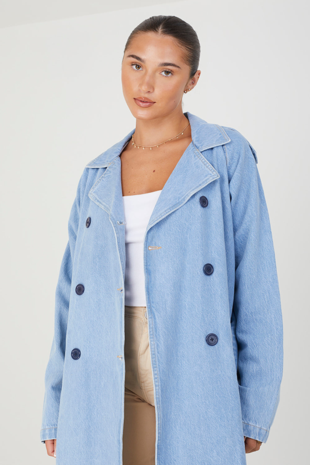 Brave Soul Off White Double-Breasted Longline Trench Coat with Raglan Sleeves - Off White Image 3