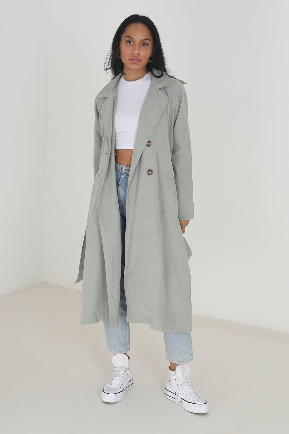 Brave Soul Pale Green Double-Breasted Longline Trench Coat with Raglan Sleeves - Pale Green Image 1