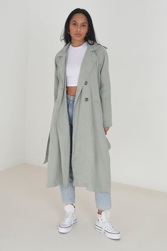 Brave Soul Pale Green Double-Breasted Longline Trench Coat with Raglan Sleeves - Pale Green Image 1