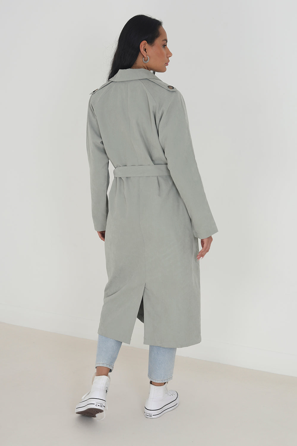 Brave Soul Pale Green Double-Breasted Longline Trench Coat with Raglan Sleeves - Pale Green Image 2