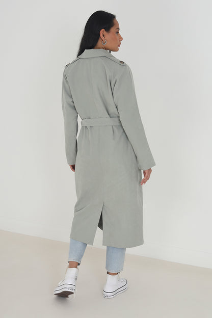 Brave Soul Pale Green Double-Breasted Longline Trench Coat with Raglan Sleeves - Pale Green Image 2