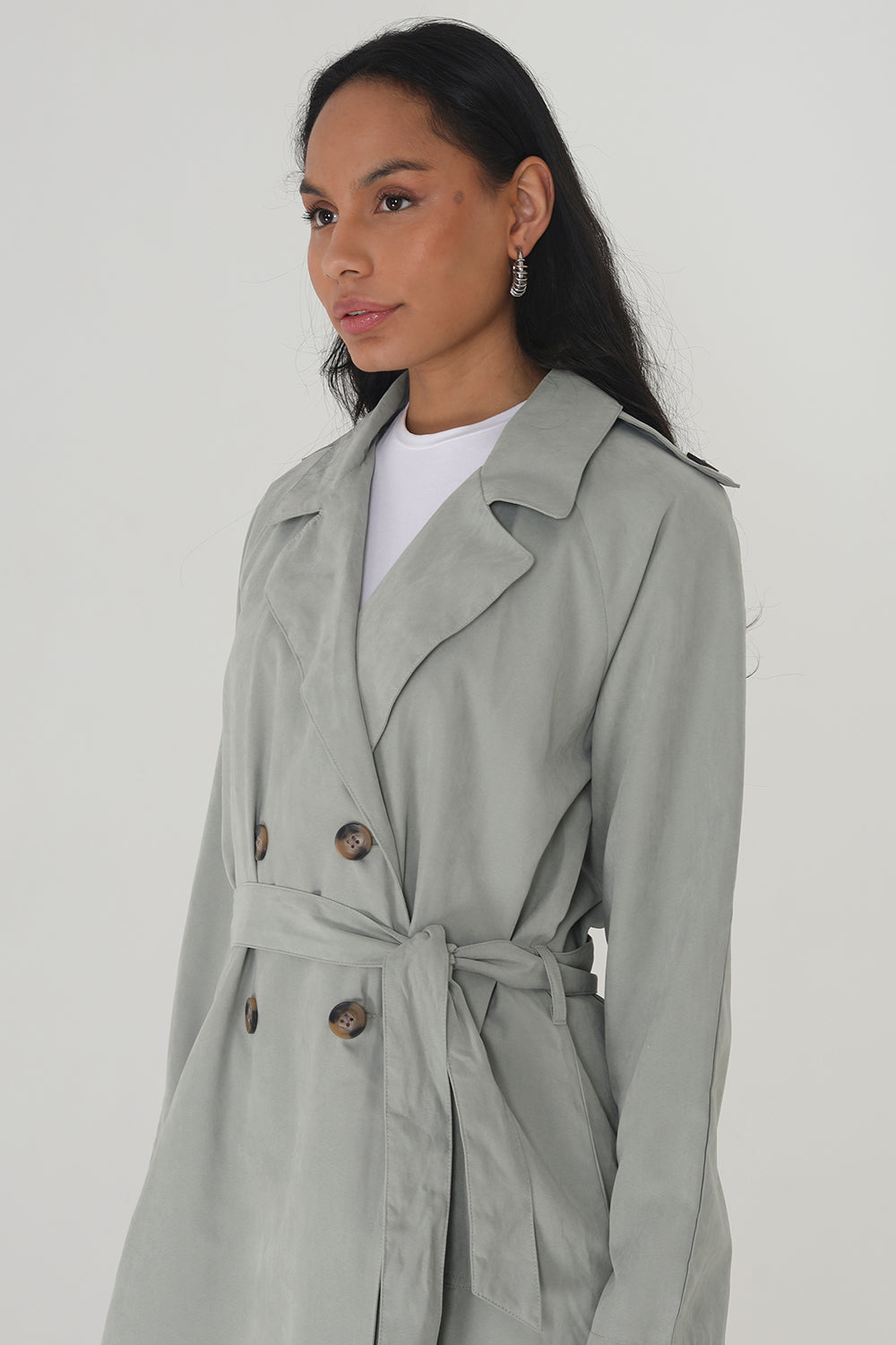 Brave Soul Pale Green Double-Breasted Longline Trench Coat with Raglan Sleeves - Pale Green Image 3