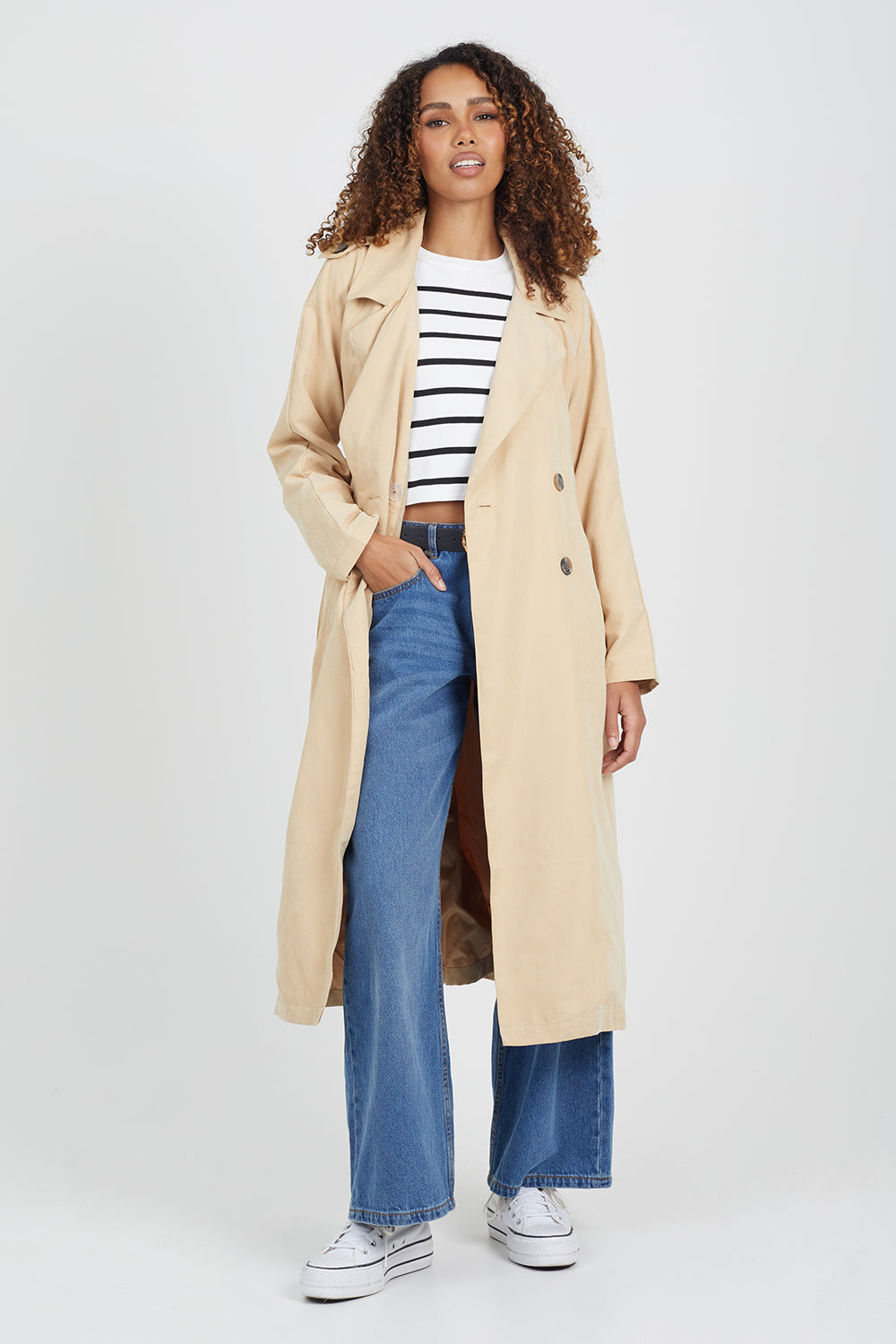 Brave Soul Camel Double-Breasted Longline Trench Coat with Raglan Sleeves - Camel Image 1