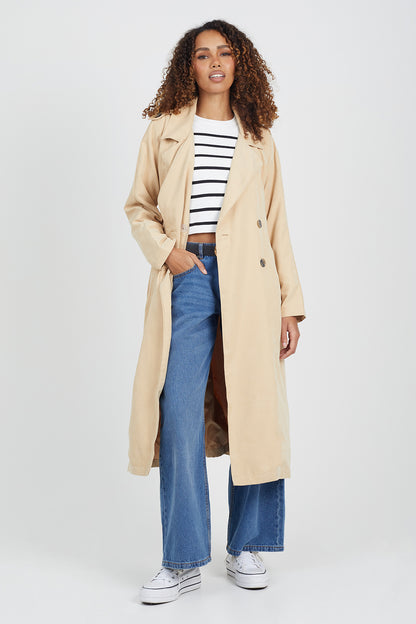 Brave Soul Camel Double-Breasted Longline Trench Coat with Raglan Sleeves - Camel Image 1