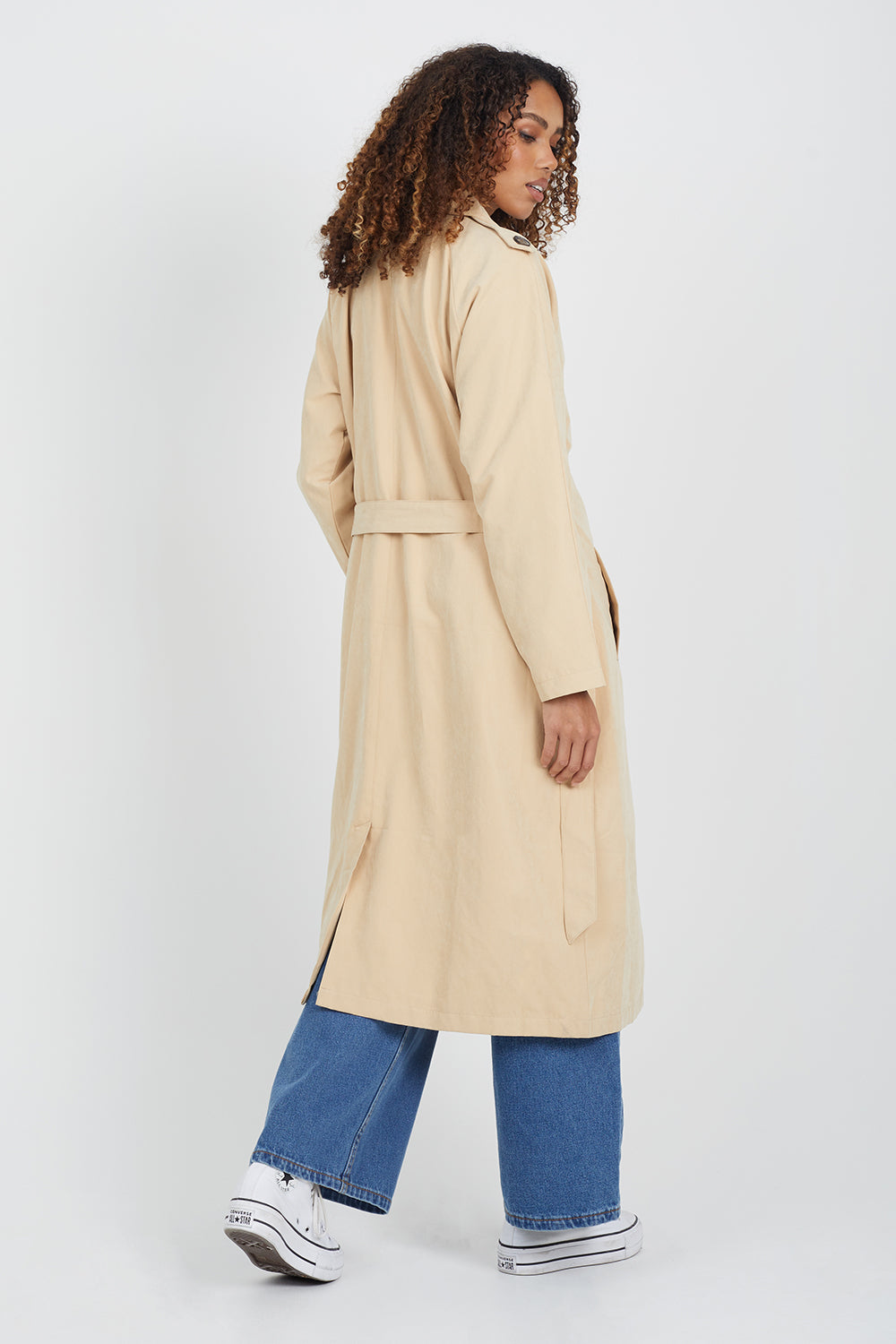 Brave Soul Camel Double-Breasted Longline Trench Coat with Raglan Sleeves - Camel Image 2