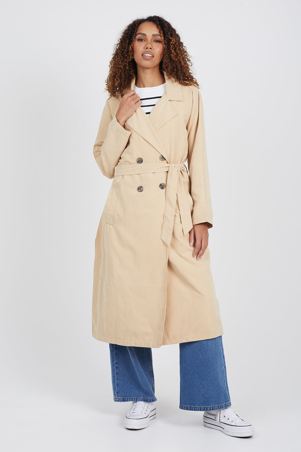 Brave Soul Camel Double-Breasted Longline Trench Coat with Raglan Sleeves - Camel Image 3