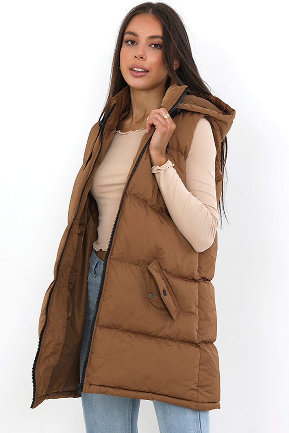 Brave Soul Brown Longline Hooded Puffer Gilet - Brown Image 1